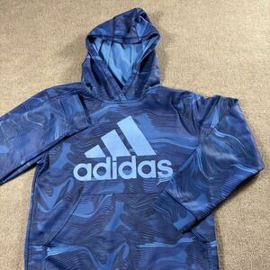 Adidas Youth L 14/16 Blue Fleece Lined Pullover Hoodie Logo Athletic